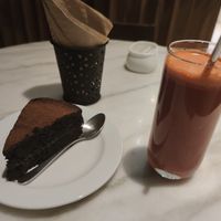 Vegan Chocolate Cake & Fresh Carrot, Beetroot, and Ginger juice at The Flock Cafe in Siem Reap
