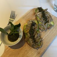 Avo, oyster mushrooms and sweet basil pesto on toast.  at The Flock Cafe in Siem Reap