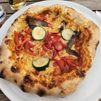 'Pizza Vegana' with antipasti and garlic (15.90€) - not as big as the standard ones, but more crust at Locanda in Wurzburg