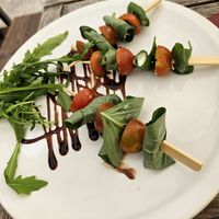 'Spiedini Vegani' (5.5€) - menu didn't state any cheese, but olives and "various tomatoes". when asked, it was confirmed that it is vegan cheese. I did not trust though. at Locanda in Wurzburg