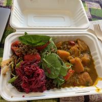 Pumpkin curry with quinoa salad  at All Nations Vegan House in North London