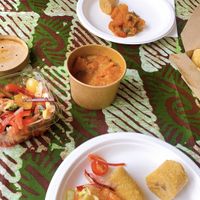 plantain + pumpkin curry + salad  at All Nations Vegan House in North London