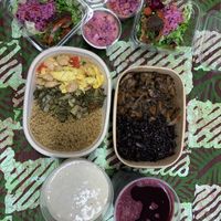 2 menus, 2 additional sides and two wonderful drinks - we love it!  at All Nations Vegan House in North London