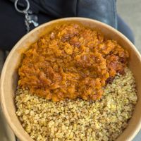 Red Lentil stew with herb quinoa at All Nations Vegan House in North London