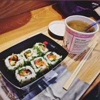 Miso soup and veggie club rolls at Itsu - 163 Victoria St in South West London