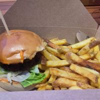 Burger with fries at Le Pub in Newport