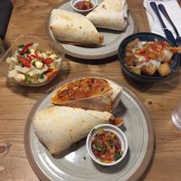 Vegan burritos and Vegetable Ceviche & Colombian Papas Chorreadas on the side at Bodega Cantina in Sutton Coldfield