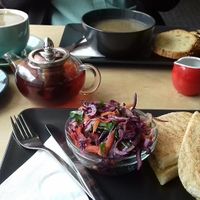 Vegan salad and toasted panini, and vegan soup and bread at The Stove in Dumfries