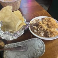 Beans with vegan cheese, rice, flour and corn tortillas.   at Cocina Michoacana in Oakdale