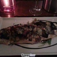 Roasted aubergine, wild mushroom and tarragon, mascarpone flatbread topped with roquefort at The King William IV in Royston