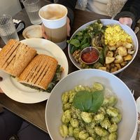 Chorizo Panino (with their homemade sausage), tofu scramble bowl & almond pesto gnocci at Fermento in Long Beach