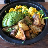 Potatoes, crumbled tofu & avocado at Fermento in Long Beach