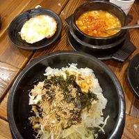 Spicy tofu set menu (with fried egg) — also came with sides (not pictured) at Dubuga Tofu Go - Bibimbap Restaurant - 두 부가 in Busan