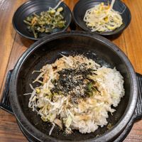 Tofu bibimbap with vegan sides at Dubuga Tofu Go - Bibimbap Restaurant - 두 부가 in Busan
