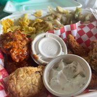 Lemon pepper and BBQ wings w/ Mac and cheese and cabbage  at The Reizod Vegan Experience in Columbia