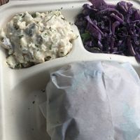 Potato Salad, Cabbage, Bacon Swizz Burger.     PS was actually pretty great I’m not an onion fan but I didn’t even mind. I’ve never had this Cabbage but I definitely will get at The Reizod Vegan Experience in Columbia