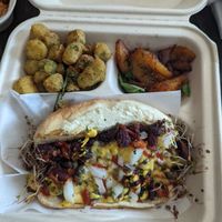 Chili dog with plantains and fried okra at The Reizod Vegan Experience in Columbia