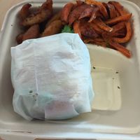 Burger, sweet potato fries, plantains. at The Reizod Vegan Experience in Columbia