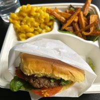 Burger, with sweet potato fries and mac&cheese sides. at The Reizod Vegan Experience in Columbia