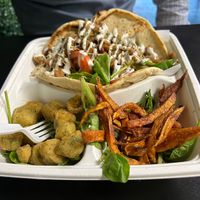 gyro with sweet potato and okra sides at The Reizod Vegan Experience in Columbia