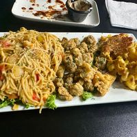 Shr*mp scampi, fried okra, and baked mac and cheese at The Reizod Vegan Experience in Columbia
