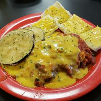 Pasta experience, fried eggplant and cheese bread! at The Reizod Vegan Experience in Columbia