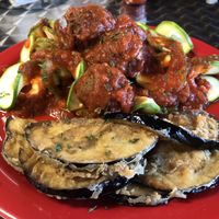 Spaghetti and meatballs w/ zucchini noodles and fried eggplant  at The Reizod Vegan Experience in Columbia