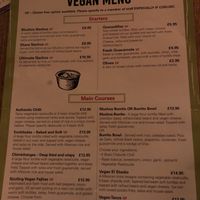 Vegan menu as of November 2020 at La Casa Loco in Rugby