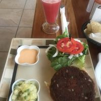 Vegan black bean burger with water melon water (ask to NOT add sugar)  at Iguana Juan's in San Pedro