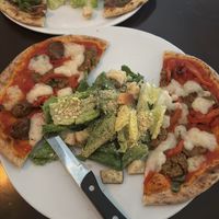 Vegan pizza and caesar saladd  at Il Fornello - Danforth Ave in Toronto