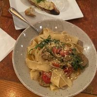 plant-based pappardelle and garlic bread!  at Il Fornello - Danforth Ave in Toronto