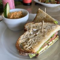 Club sandwich with potato salad on the side  at Flore in Los Angeles