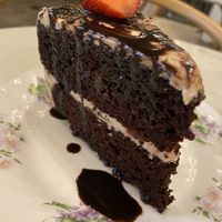 Choco cake with strawbs in and out.  at Flore in Los Angeles