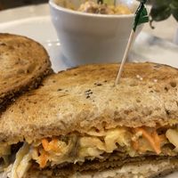 This is the pastrami sandwhich with coleslaw (called a rachel in nyc), the thin sliced seitan was delish and the side of potato salad is also not to be missed!  at Flore in Los Angeles