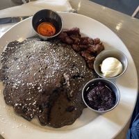 Buckwheat pancakes and blueberry compote  at Flore in Los Angeles