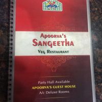 Front of menu at Apoorva's Sangeetha Veg Restaurant in Chennai