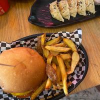 Vegan cheese burger and gyozas   at Kino in Barcelona