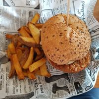 Vegan burger and fries at Kino in Barcelona