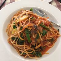 Spaghetti with red sauce and chef’s veggies at Zia's Caffe in Kaneohe