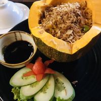 Coconut Fried rice stuffed in pumpkin.  at Green Farm in Hanoi
