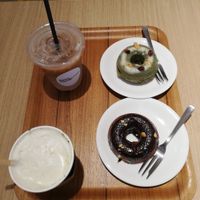 Iced soy latte, spirulina and cacao donut, avocado soup at Asics Connection in Tokyo