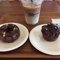 Doughnut, muffin and ice soy latte. at Asics Connection in Tokyo