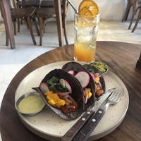 Vegan jackfruit tacos with Black Citron iced tea 🌮   at The Anchor in Sayulita