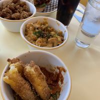 Chicken burger, popcorn chicken, Mac and cheese, mozzarella bites  at Rudy's Dirty Vegan Diner in North West London