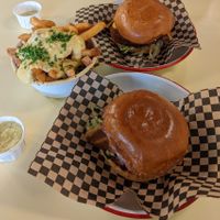 Destructor Chik'n Burger and cheesy fries at Rudy's Dirty Vegan Diner in North West London