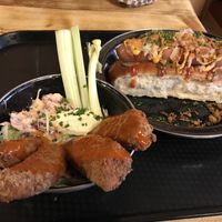 Hot dog and buffalo “chicken"  at Rudy's Dirty Vegan Diner in North West London