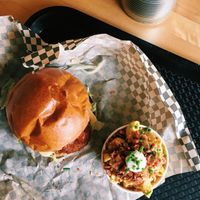 Buffalo burger and small Mac n cheeze at Rudy's Dirty Vegan Diner in North West London