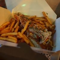loaded vegan hotdog & fries at Rudy's Dirty Vegan Diner in North West London