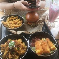 Buffalo chick’n burger and fries, mac and cheese, mozzarella sticks, strawberry shake at Rudy's Dirty Vegan Diner in North West London