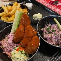 Buffalo wings, coleslaw and fries at Rudy's Dirty Vegan Diner in North West London